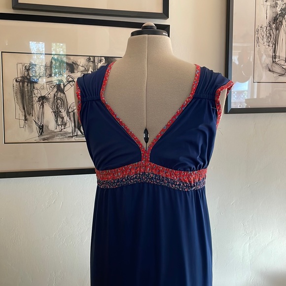Vintage GODDESS DRESS 1970s Maxi blue & reds L - Picture 3 of 13